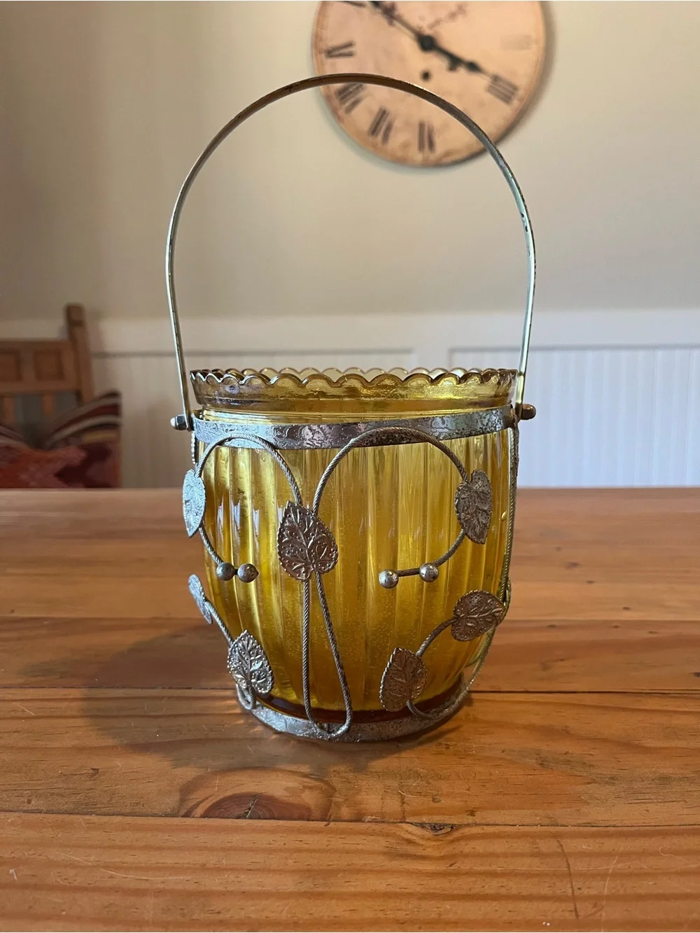 Vintage Amber Glass Ice Bucket with Caged Leaf and Handle